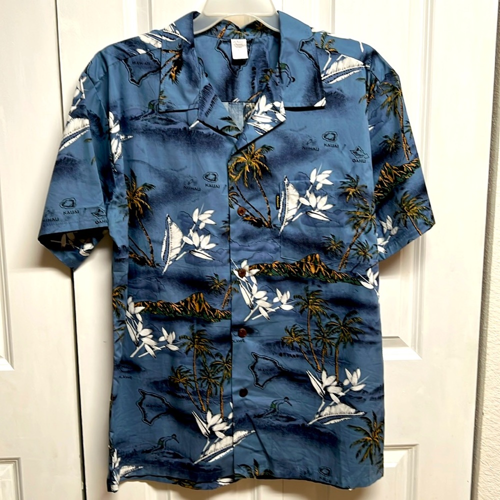 Palm Wave Hawaii Blue Tropical Print Short Sleeve Pocket Shirt Size XL